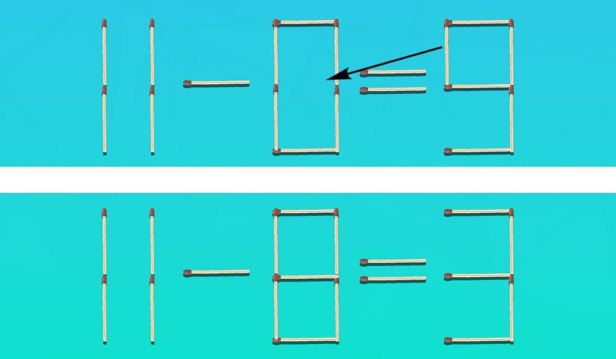 Hier kun je zien welke lucifers naar waar verplaatst moeten worden om de gelijkheid correct te maken / collage Moje