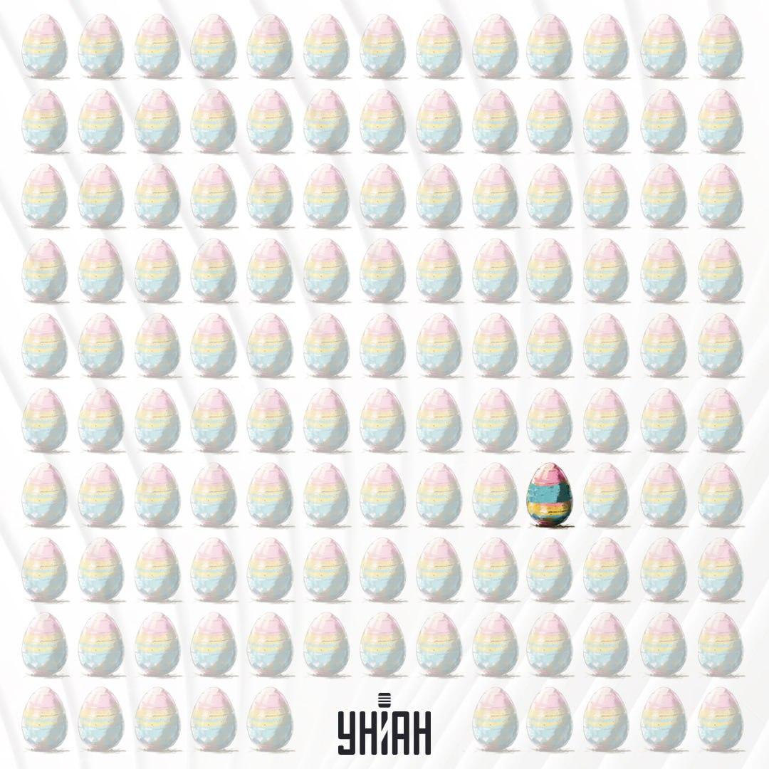 De pysanka, die in de vierde regel van onderen staat / collage Moje, is gemarkeerd